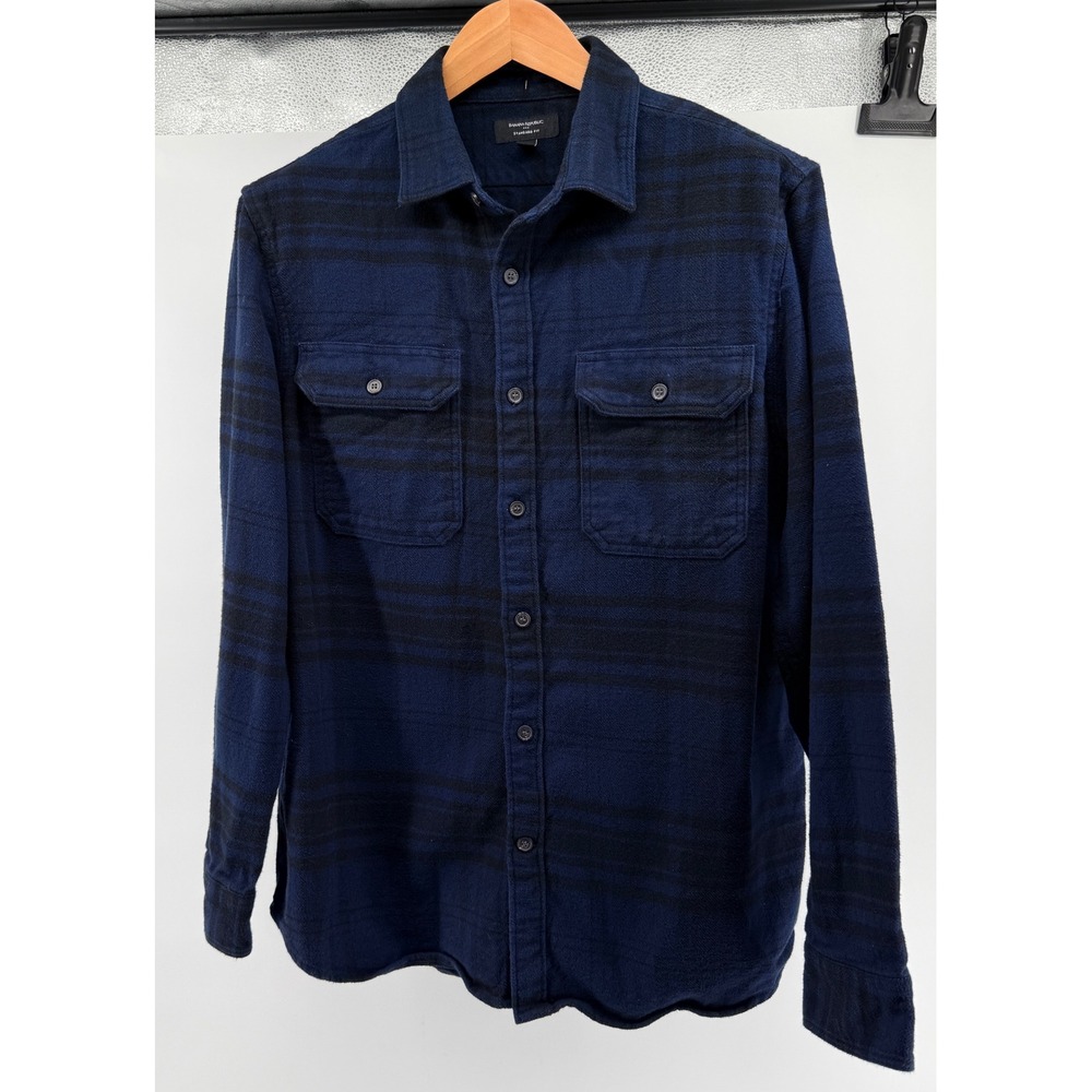 Banana Republic Mens Large Navy Blue Black Shadow Plaid Flannel holiday 2024